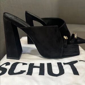 SCHUTZ Black Suede Mules with Gold Detail